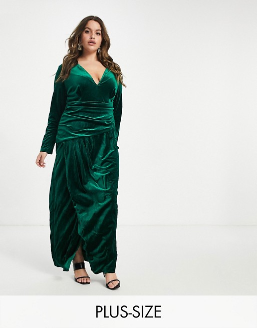 Jaded Rose Plus exclusive velvet wrap maxi dress in emerald green
