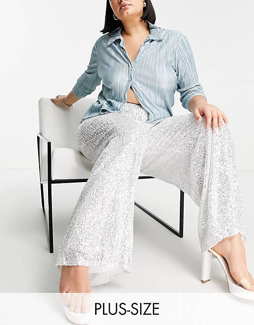 Women Jaded Rose Plus exclusive wide leg sequin trouser in silver 