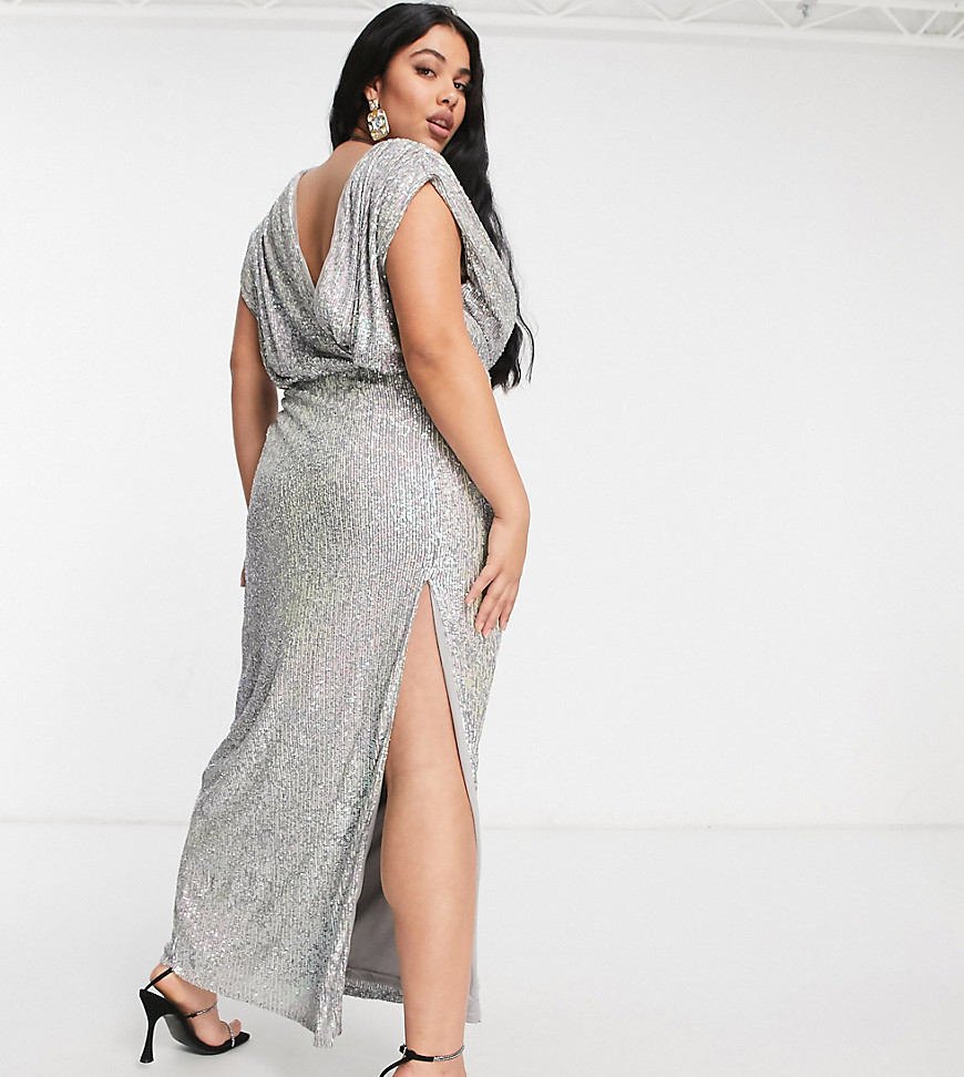 Jaded Rose Plus exclusive wrap plunge sequin maxi with thigh slit in iridescent silver