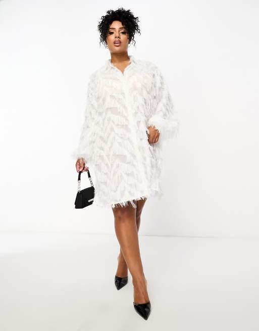 Jaded Rose Plus faux feather shirt mini dress in ivory ASOS