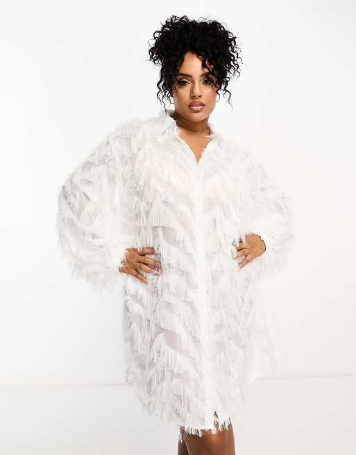 Jaded Rose Plus faux feather shirt mini dress in ivory, 3 of 4