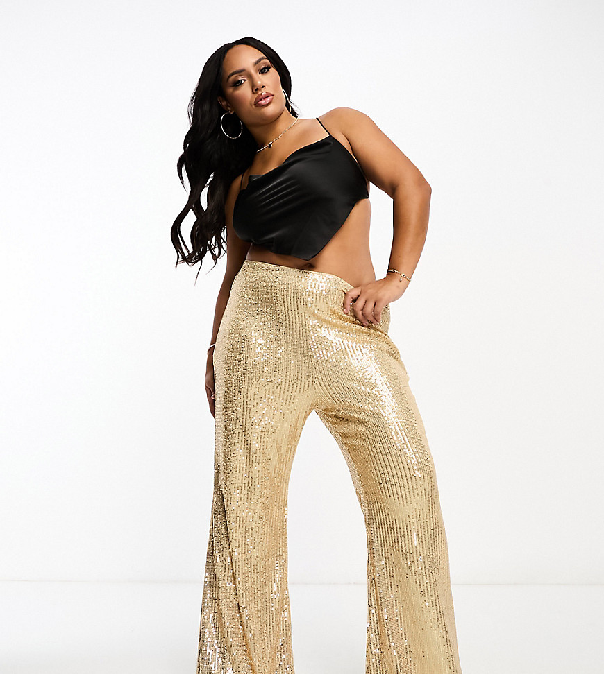 Jaded Rose Plus flared sequin flared trouser in gold