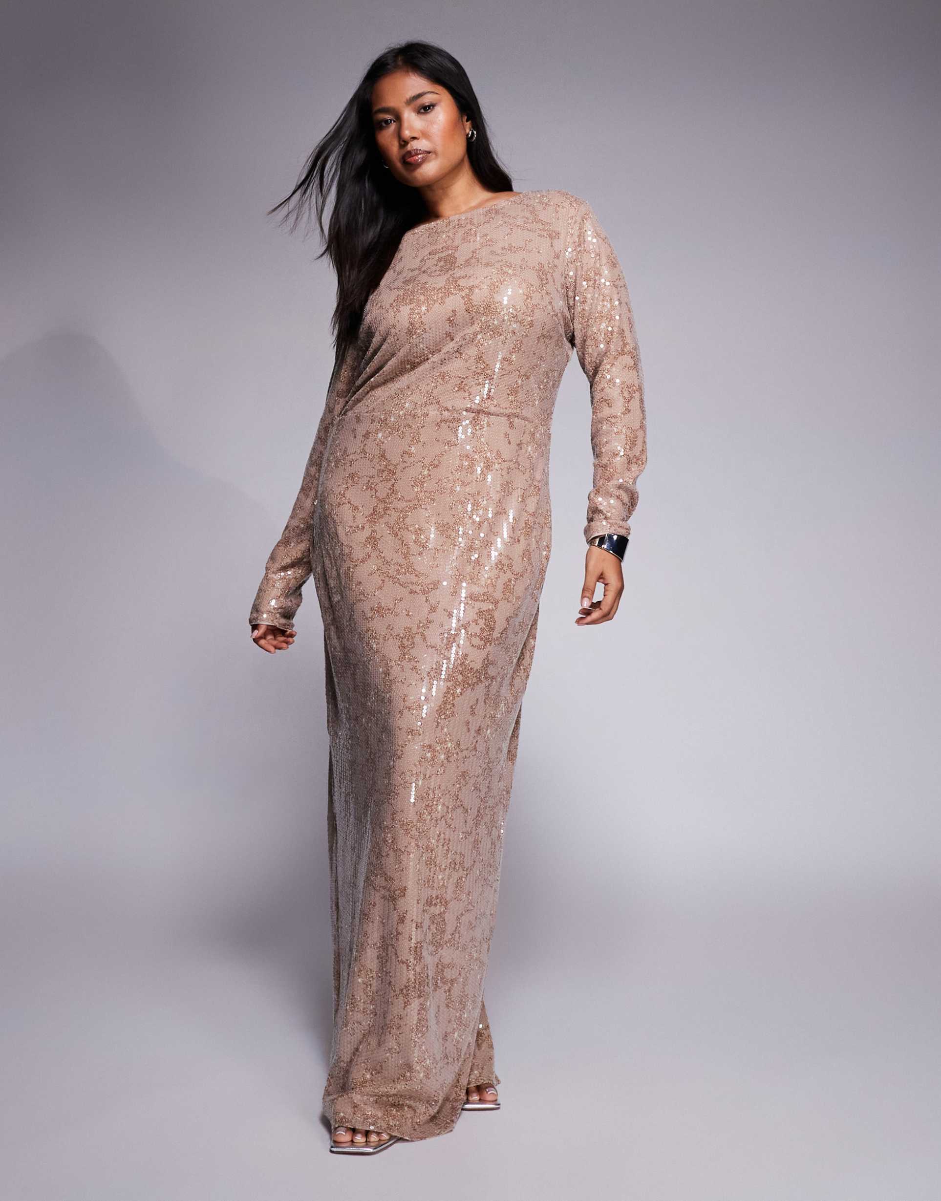 jaded rose plus foil sequin long sleeve maxi dress in soft gold