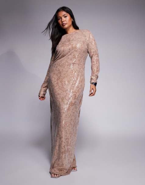 Jaded Rose Plus foil sequin long sleeved maxi dress in soft gold