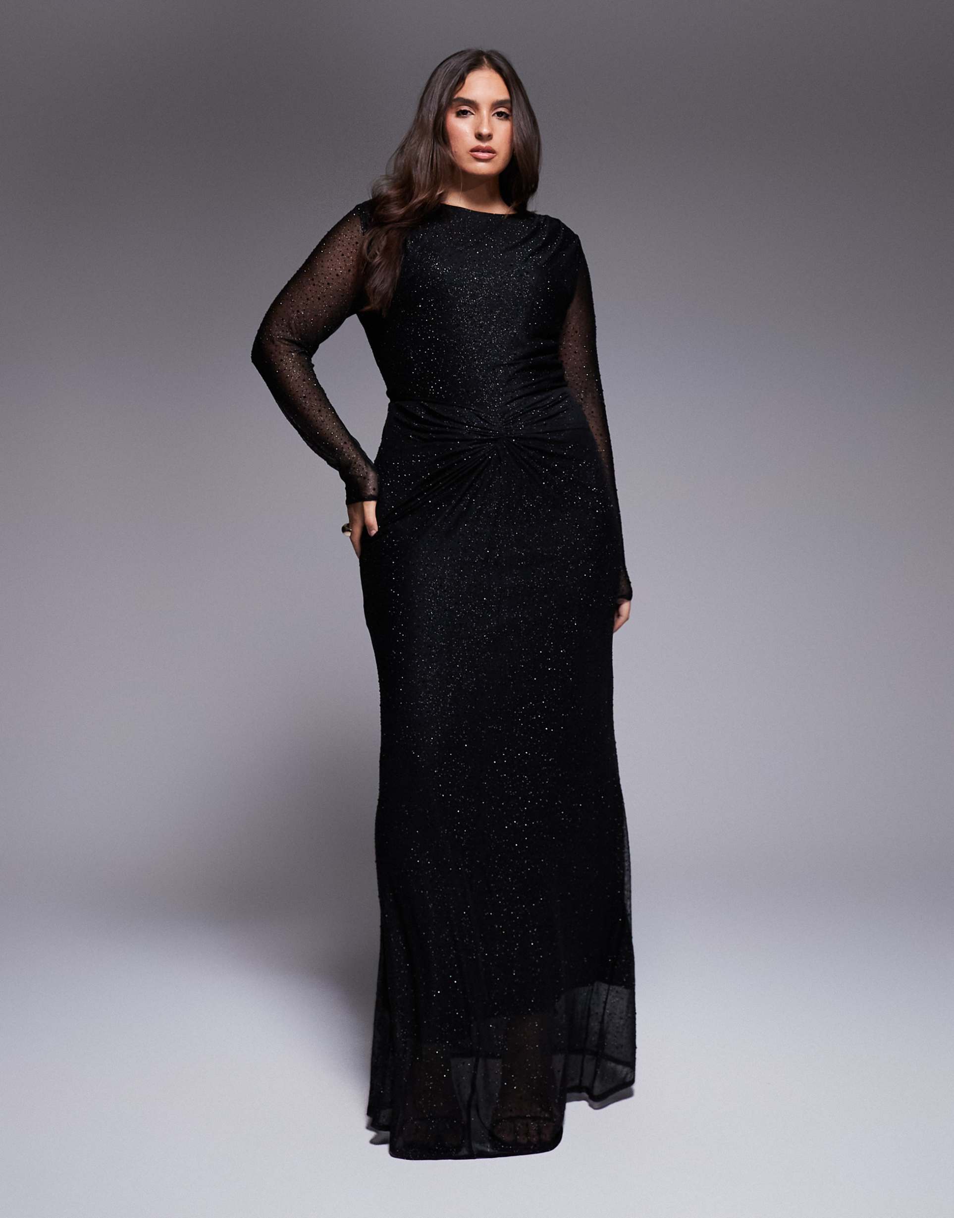 jaded rose plus hotfix slinky maxi dress with knot detail in black