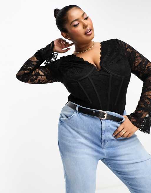 Women's Plus Size Long Sleeve Lace Black Bodysuit