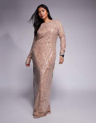 Jaded Rose Plus - Langärmliges Maxikleid in zartem Goldton im Foliendesign mit Paillettenbesatz-Goldfarben