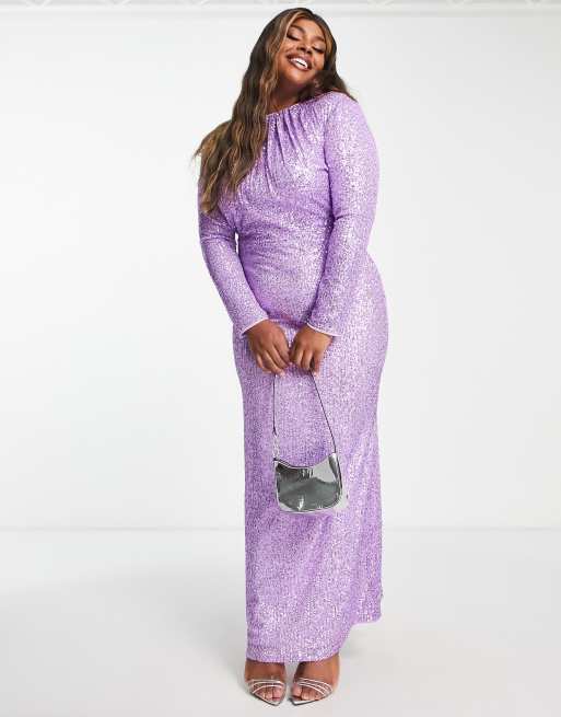 LUXE Plus Size Lilac Purple Sequin Hand Embellished Maxi Dress