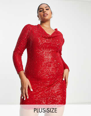 Jaded Rose Plus Long Sleeve Mini Dress With Cowl Neck In Red Sequin