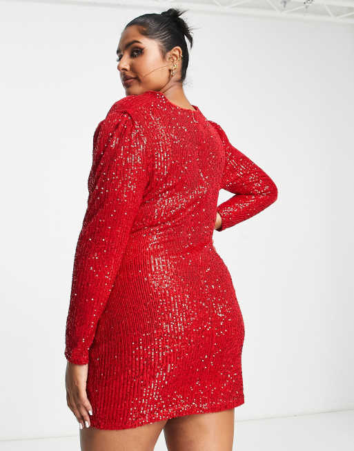 Jaded Rose Plus long sleeve mini dress with cowl neck in red sequin