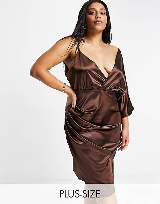 Jaded Rose Plus - Midaxi-kjole med slå-om-detalje i chokoladebrun satin