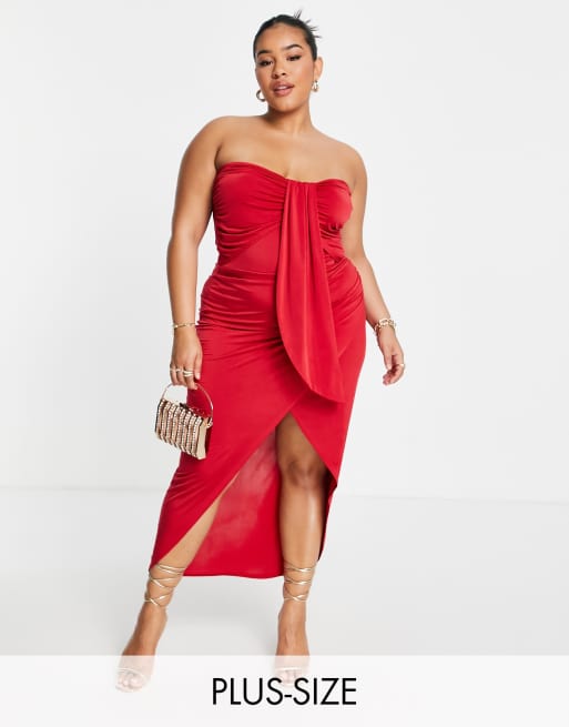 Jaded Rose Plus - Midi bandeaujurk met drapering in rood