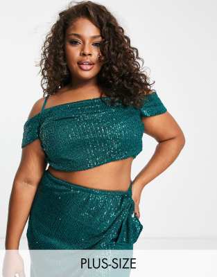 Jaded Rose Plus off shoulder crop top in emerald sequin co-ord-Green