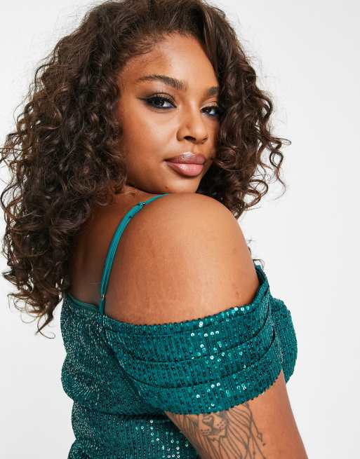 Jaded Rose Plus off shoulder crop top in emerald sequin part of a