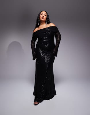 off shoulder sequin maxi dress in black