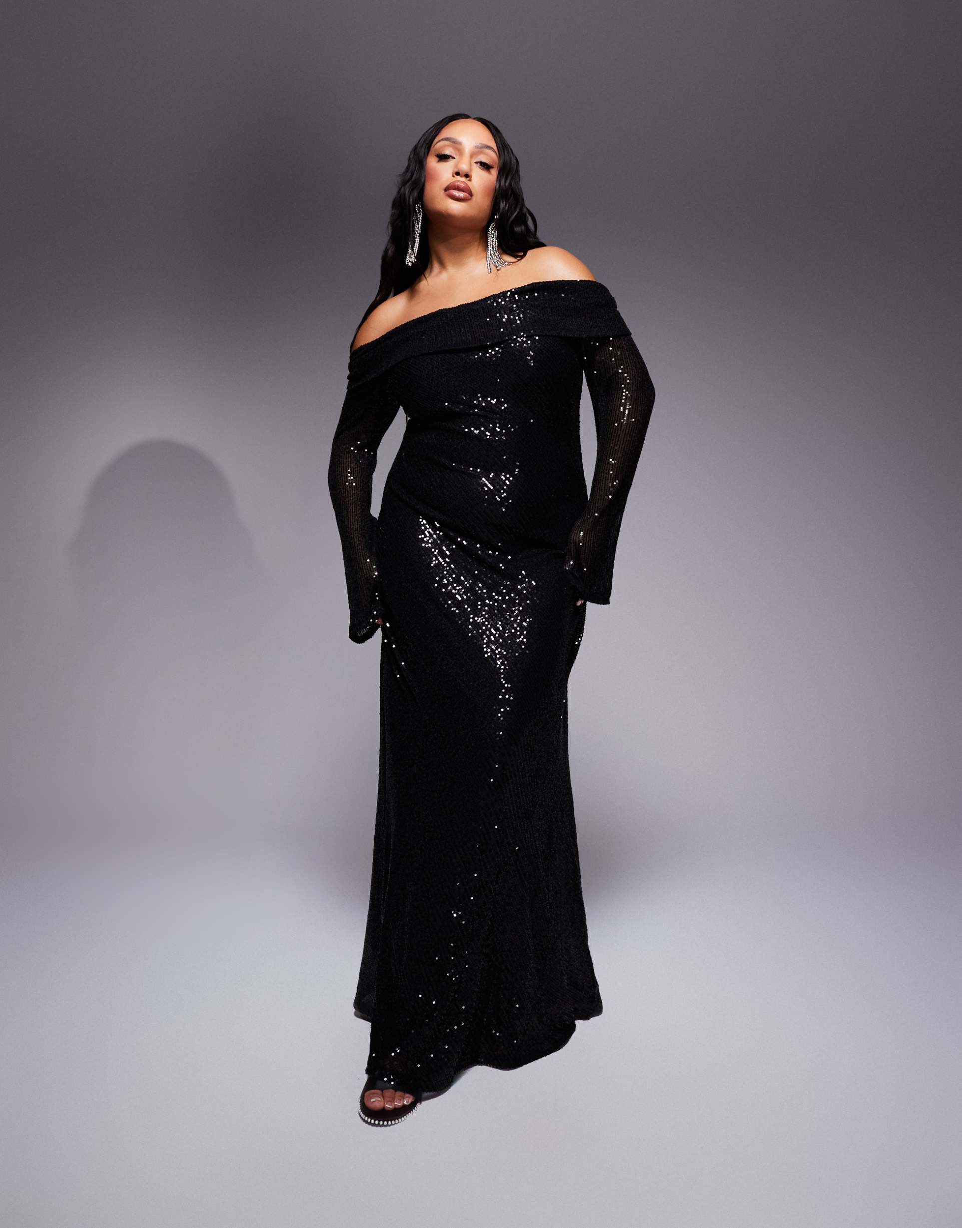 jaded rose plus off shoulder sequin maxi dress in black