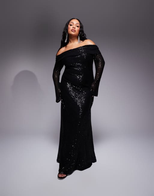 Jaded Rose Plus off shoulder sequin maxi dress in black ASOS