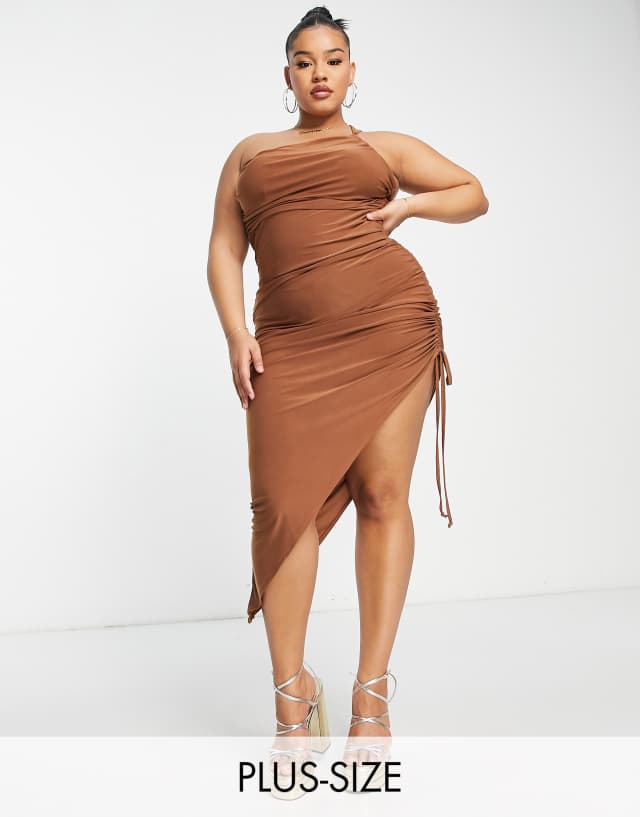 Jaded Rose Plus one shoulder ruched midi dress in brown