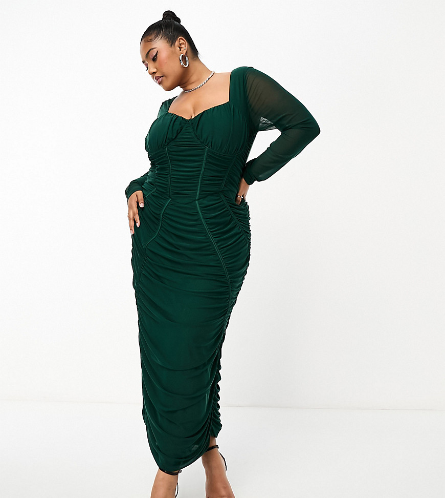 Jaded Rose Plus Paneled Corset Ruched Midaxi Dress In Emerald-green