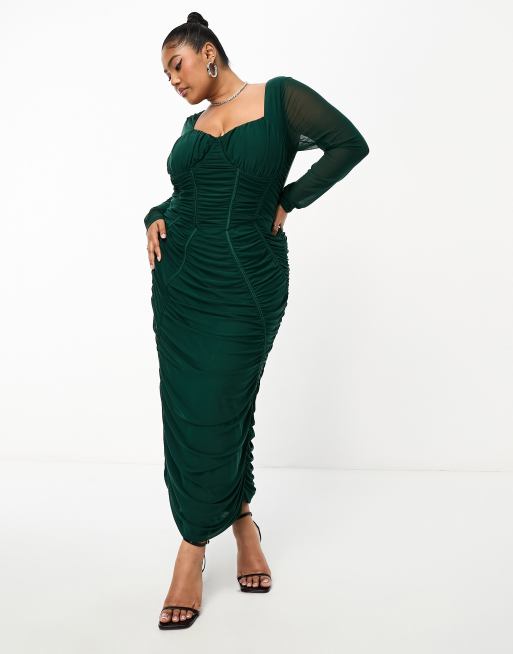 Ruched long-sleeve corset top, Dark Emerald