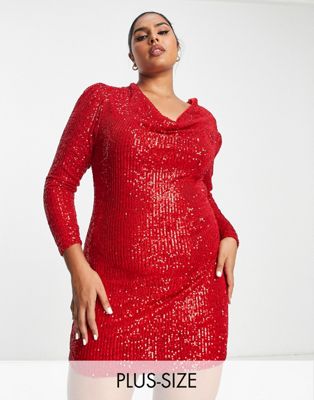 Jaded Rose Plus long sleeve mini dress with cowl neck in red sequin - ASOS Price Checker