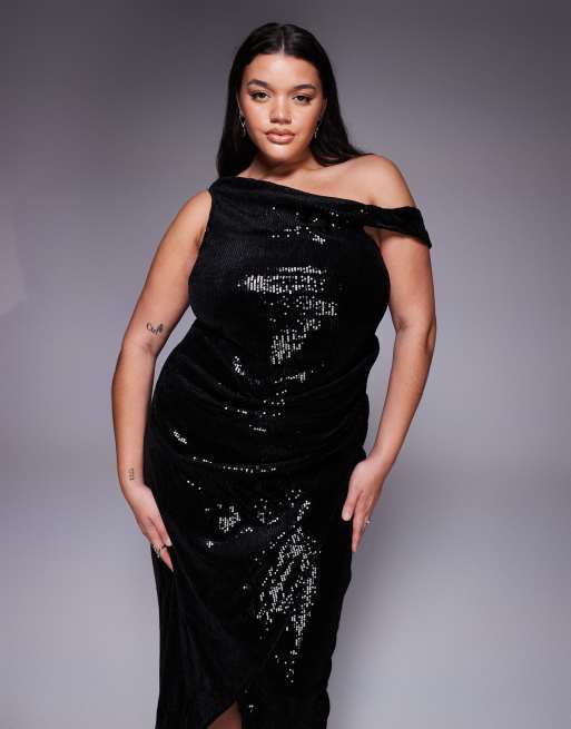 Jaded Rose Plus - Robe portefeuille longue à sequins avec épaule tombante - Noir, 4 de 4