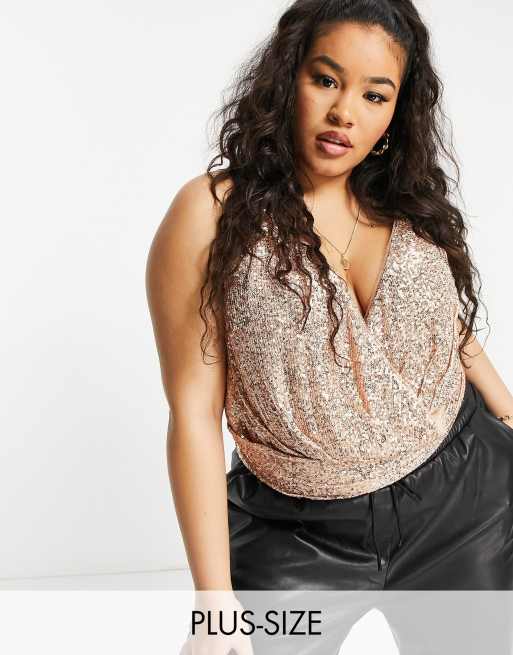 Jaded Rose Plus – Roséguldfärgad body i omlottdesign med paljetter, del av set