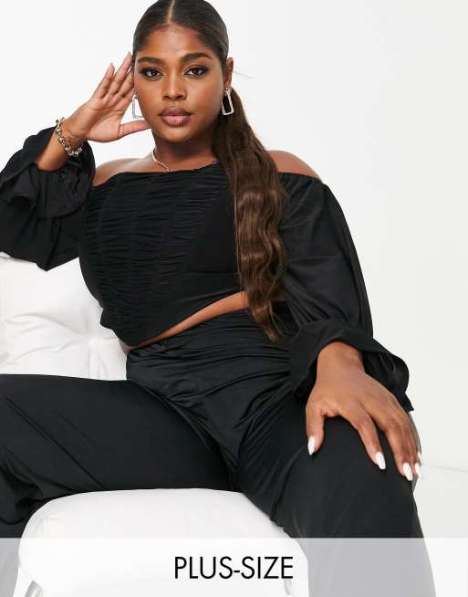 Jaded Rose Plus - Rynket offshoulder-korsettop med store ærmer i sort - Kun hos ASOS