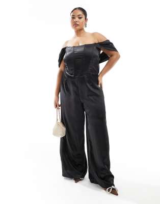 Jaded Rose Plus - Schulterfreier Korsett-Jumpsuit aus Satin in Schwarz