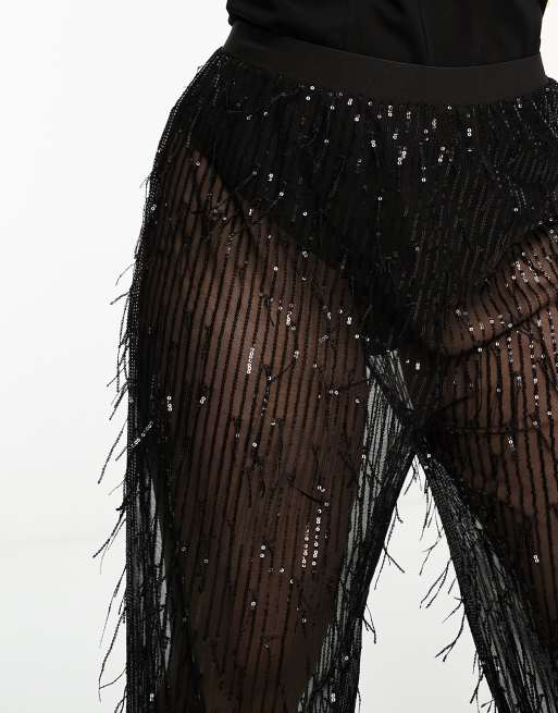 Jaded Rose Plus sequin fringe pants in black