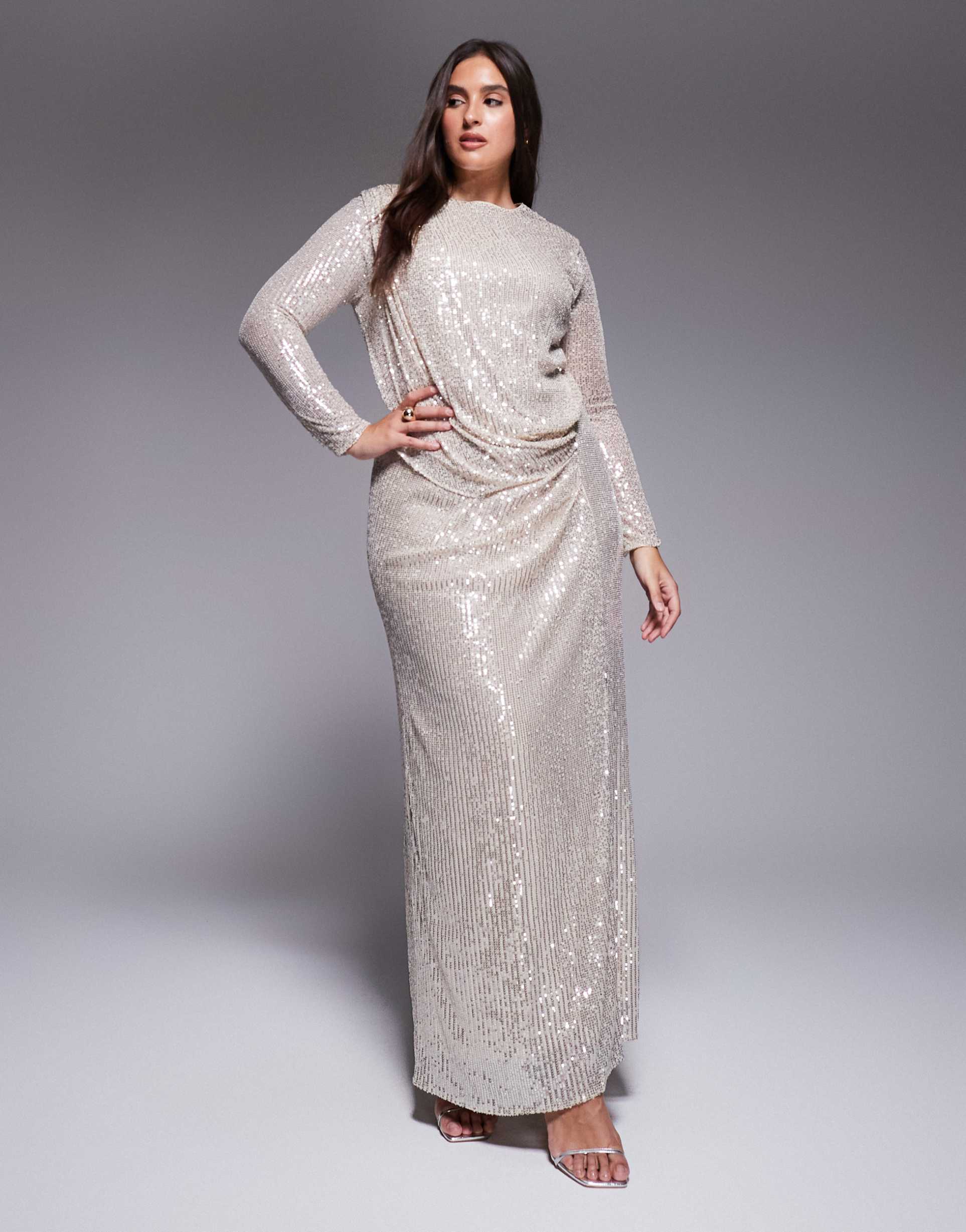 jaded rose plus sequin modest maxi dress with ruched detail in silver