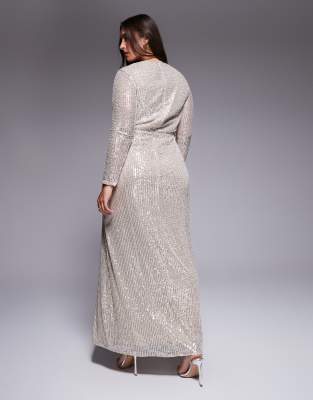 Jaded Rose Plus Sequin Modest Maxi Dress With Ruched Detail In Metallic