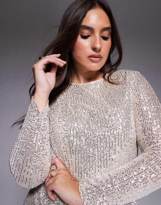 Jaded Rose Plus sequin modest maxi dress with ruched detail in silver, 3 of 4