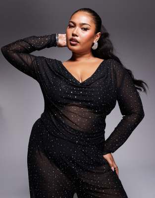 Jaded Rose Plus Jaded Rose Plus sheer hotfix long sleeve top co-ord in black