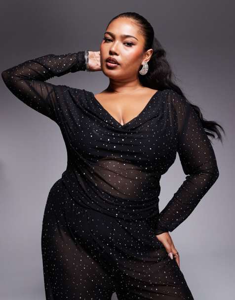 Jaded Rose Plus sheer hotfix long sleeve top in black - part of a set - view 1