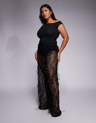 Jaded Rose Plus Jaded Rose Plus sheer tassel sequin trouser with stitched in brief in black