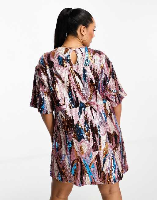Jaded Rose Plus t-shirt mini dress in mixed sequin, 3 of 4