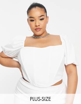 Jaded Rose Plus - Top a corsetto con maniche a sbuffo bianco in coordinato