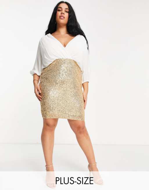 Jaded Rose Plus - Vestito 2 in 1 con blusa avvolgente e gonna con paillettes, colore bianco e oro