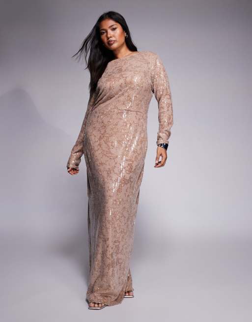 Jaded Rose Plus - Vestito lungo a maniche lunghe color oro tenue con paillettes metallizzate