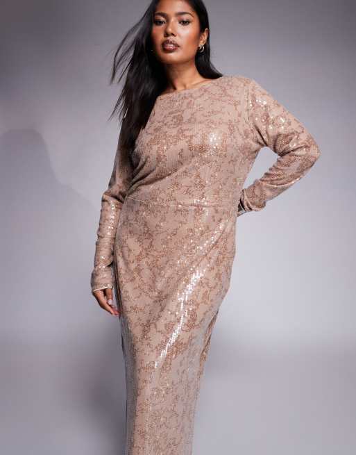 Jaded Rose Plus Vestito lungo a maniche lunghe color oro tenue