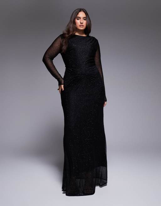 Jaded Rose Plus - Vestito lungo sinuoso con dettaglio annodato nero con decorazioni applicate a caldo