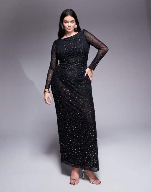 Jaded Rose Plus - Vestito nero con gonna al polpaccio e dettagli applicati a caldo