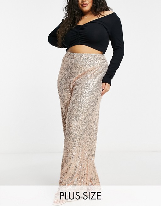 Jaded Rose Plus wide leg trouser co-ord in rose gold sequin