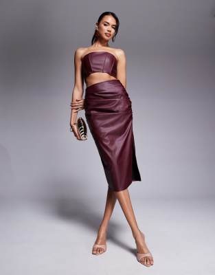 PU midaxi skirt in oxblood-Red