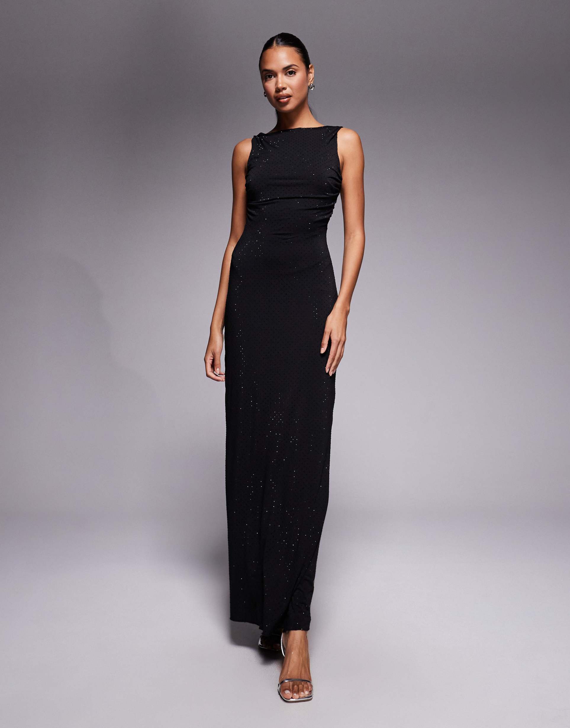jaded rose rhinestone maxi dress with open back detail in black