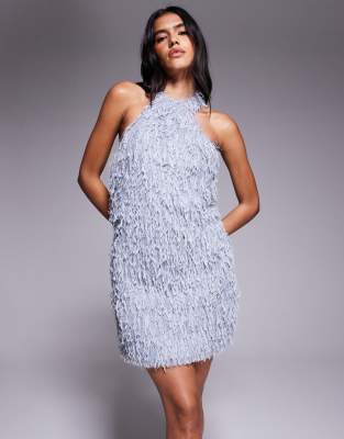 Jaded Rose - Robe courte en fausse fourrure avec dos nu - Bleu