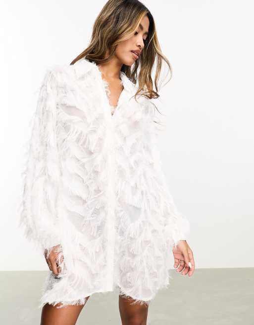 Jaded Rose - Robe courte transparente avec plumes synthétiques - Ivoire