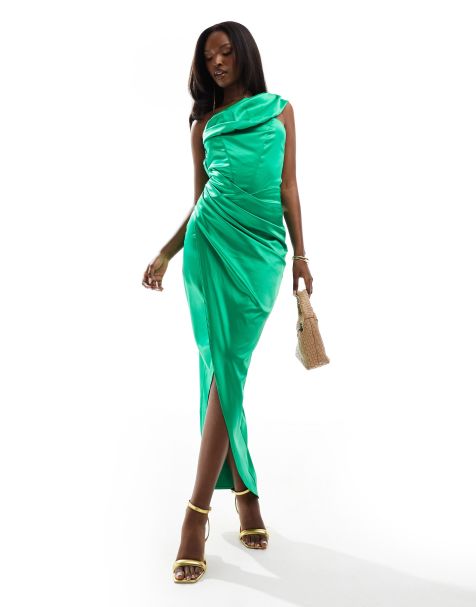 Jaded Rose - Robe longue asymétrique froncée effet satiné - Vert - view 1