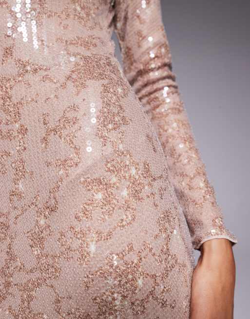 Jaded Rose - Robe longue ornée de sequins effet métallisé avec manches longues - Doré pâle, 3 de 4